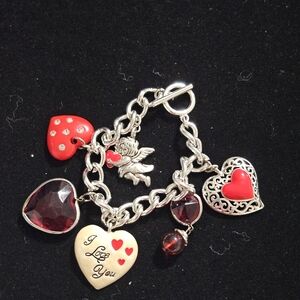 Silver-Tone Red Heart Charm Bracelet - I Love You Design